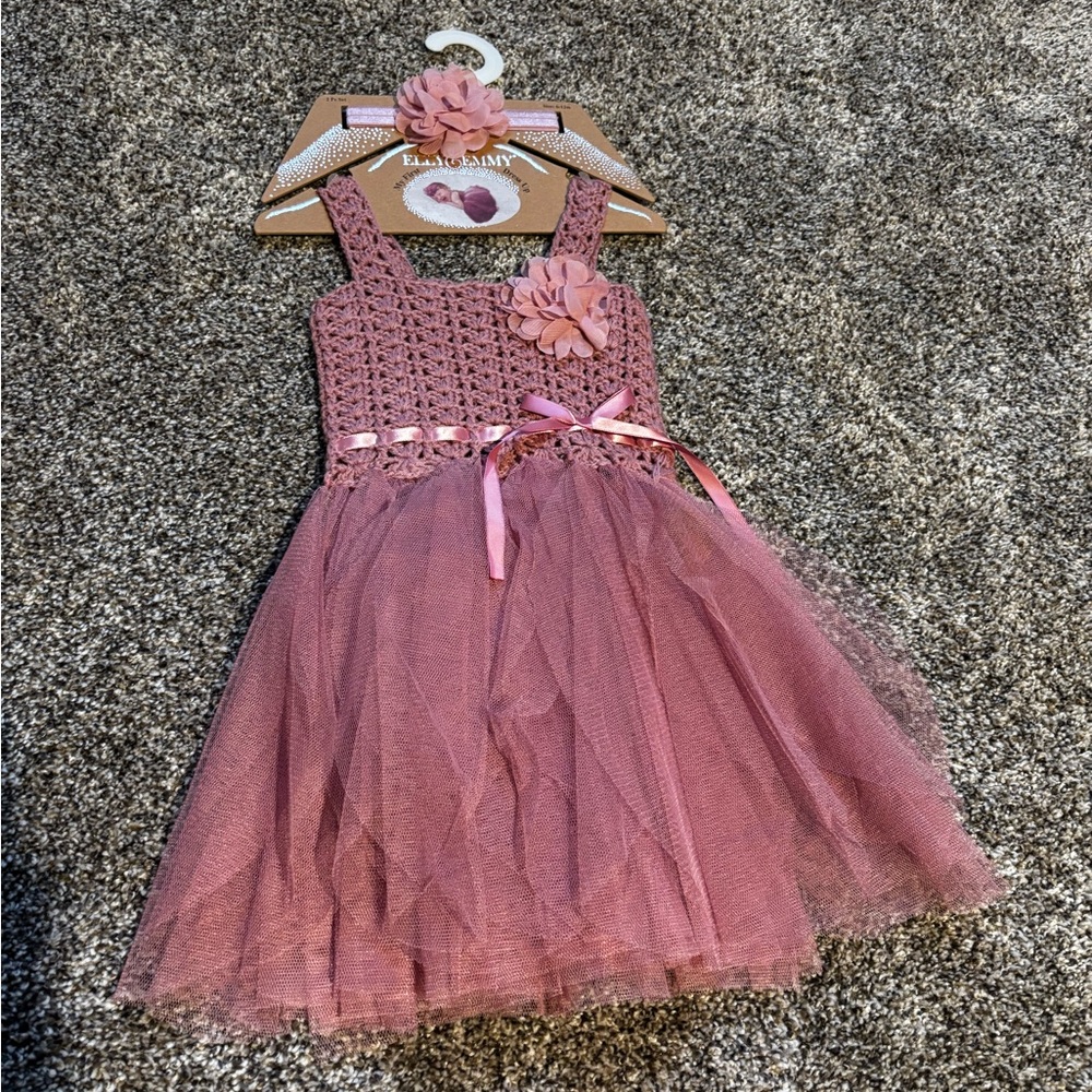 Pink crochet Tulle Dress with Floral Accents, size 6-12 months with head band